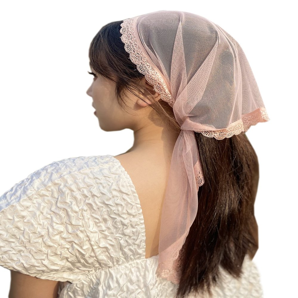 YuRongsxt Triangle Chapel Veil Mantilla Lace Headcovering Catholic Latin Mass M15 (Dusty Pink)