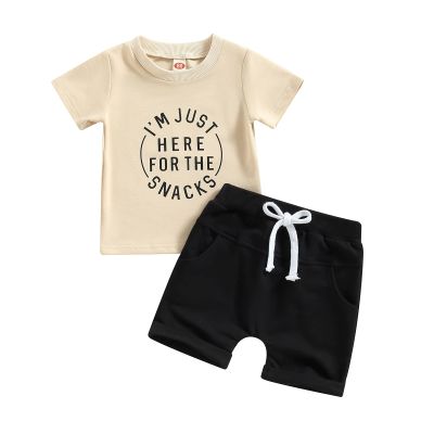 GOOCHEER Toddler Boys Summer Outfit Sets Short Sleeve Letter Print Tops + Solid Color Drawstring Shorts (Apricot, 0-6 Months)