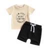 GOOCHEER Toddler Boys Summer Outfit Sets Short Sleeve Letter Print Tops + Solid Color Drawstring Shorts (Apricot, 0-6 Months) view 1