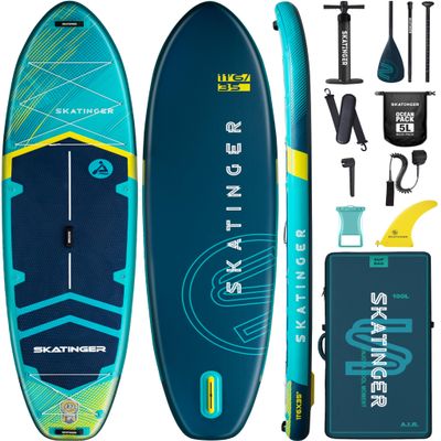 Skatinger 11'635" Super Wide Inflatable Paddle Board, Ultra Stable Stand Up Paddleboards for 450lb/3 People/Family/Big Size w/Shoulder Strap, 100L Backpack, All-Round Sup Board, US Fin