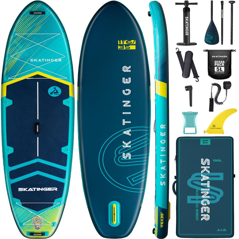 Skatinger 11'635" Super Wide Inflatable Paddle Board, Ultra Stable Stand Up Paddleboards for 450lb/3 People/Family/Big Size w/Shoulder Strap, 100L Backpack, All-Round Sup Board, US Fin