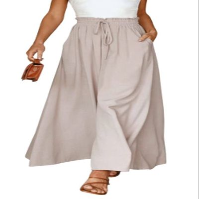 CHARTOU Women's Comfy Drawstring High Waist Wide Leg Casual Palazzo Culottes Pants (Medium, Beige)