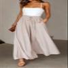 CHARTOU Women's Comfy Drawstring High Waist Wide Leg Casual Palazzo Culottes Pants (Medium, Beige) view 2