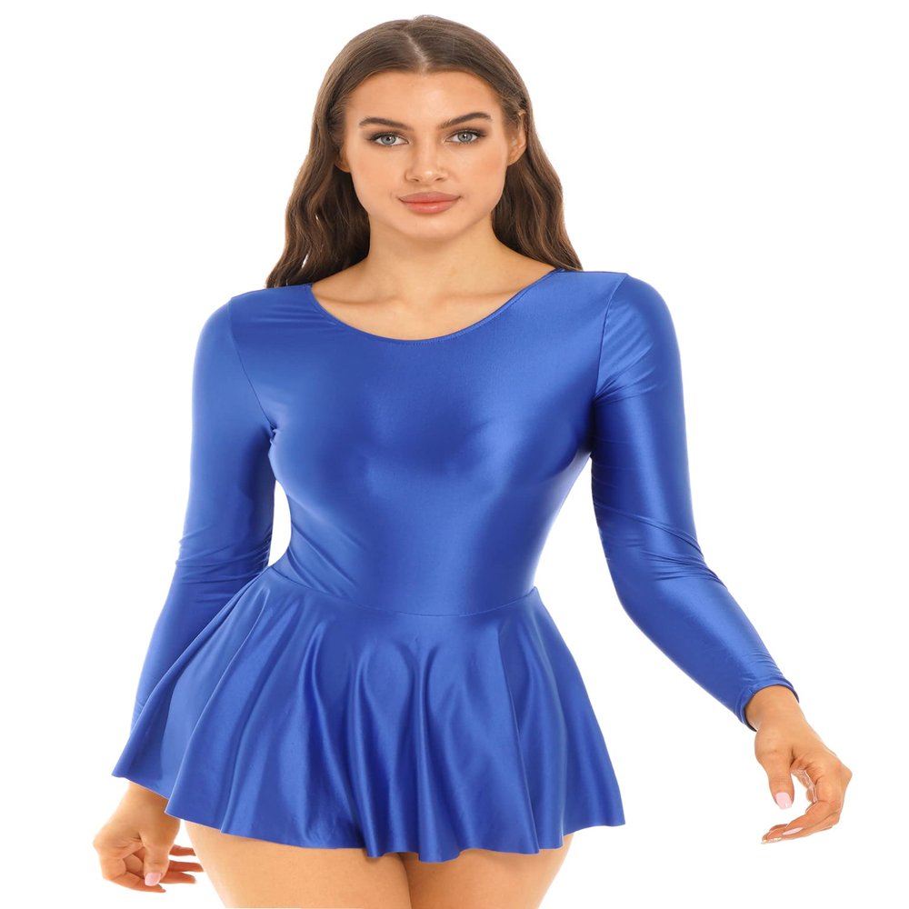 Lejafay Women's Long Sleeve Leotard Dance Skirted Bodysuits Round Neck Ruffled Sports Yoga Dress Blue Small