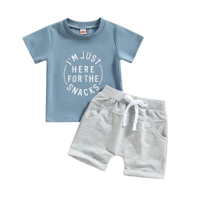 GOOCHEER Toddler Boys Summer Outfit Sets Short Sleeve Letter Print Tops + Solid Color Drawstring Shorts (Blue, 0-6 Months)