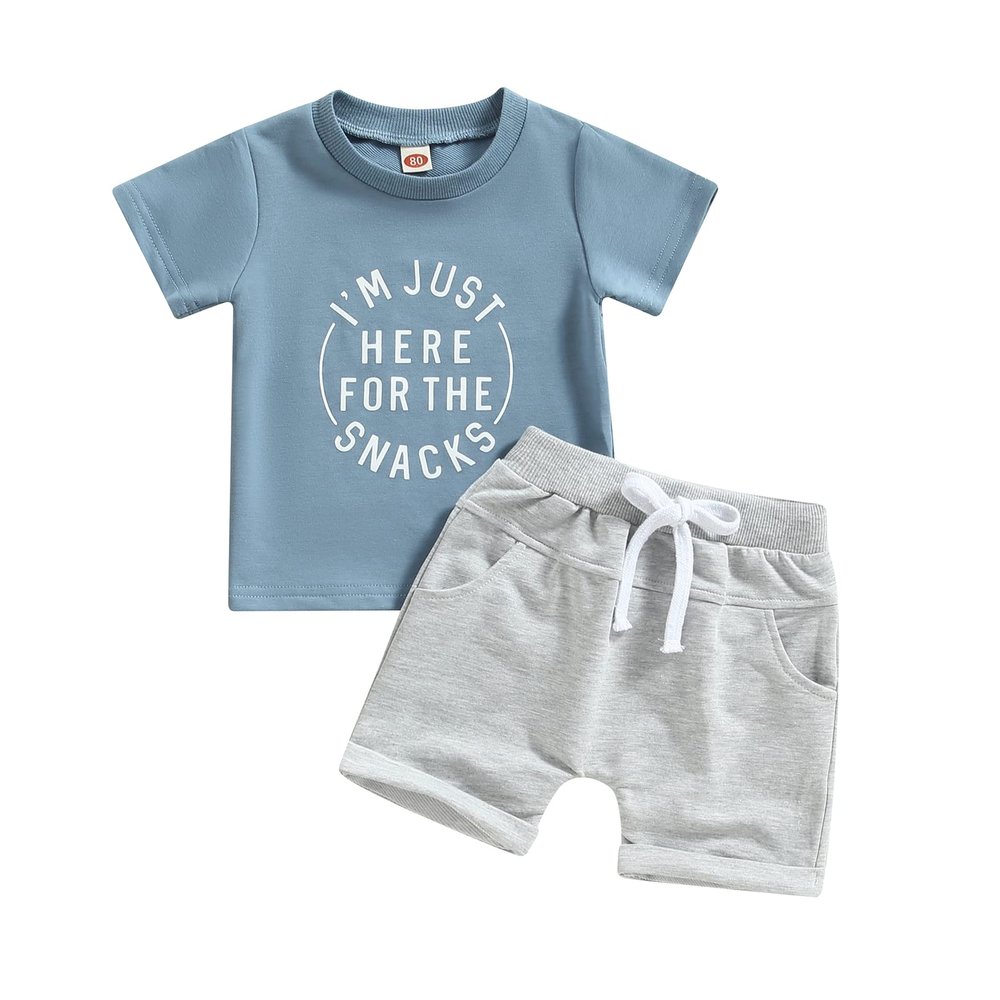 GOOCHEER Toddler Boys Summer Outfit Sets Short Sleeve Letter Print Tops + Solid Color Drawstring Shorts (Blue, 0-6 Months)