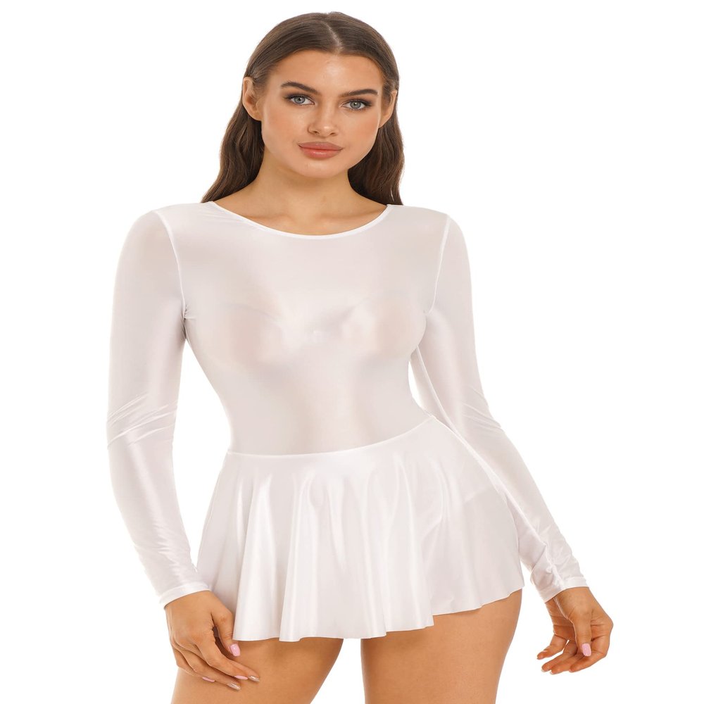 Lejafay Women's Long Sleeve Leotard Dance Skirted Bodysuits Round Neck Ruffled Sports Yoga Dress White Small
