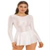 Lejafay Women's Long Sleeve Leotard Dance Skirted Bodysuits Round Neck Ruffled Sports Yoga Dress White Small view 1