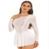 Lejafay Women's Long Sleeve Leotard Dance Skirted Bodysuits Round Neck Ruffled Sports Yoga Dress White Small view 3