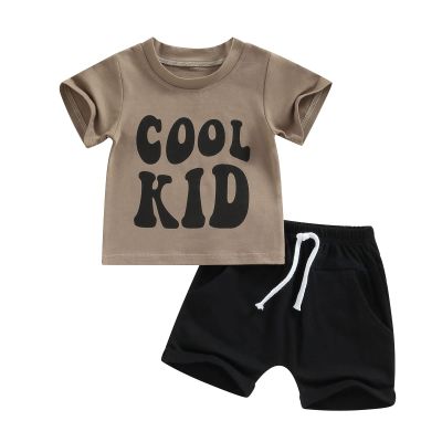 GOOCHEER Toddler Boys Summer Outfit Sets Short Sleeve Letter Print Tops + Solid Color Drawstring Shorts (Coffee, 0-6 Months)