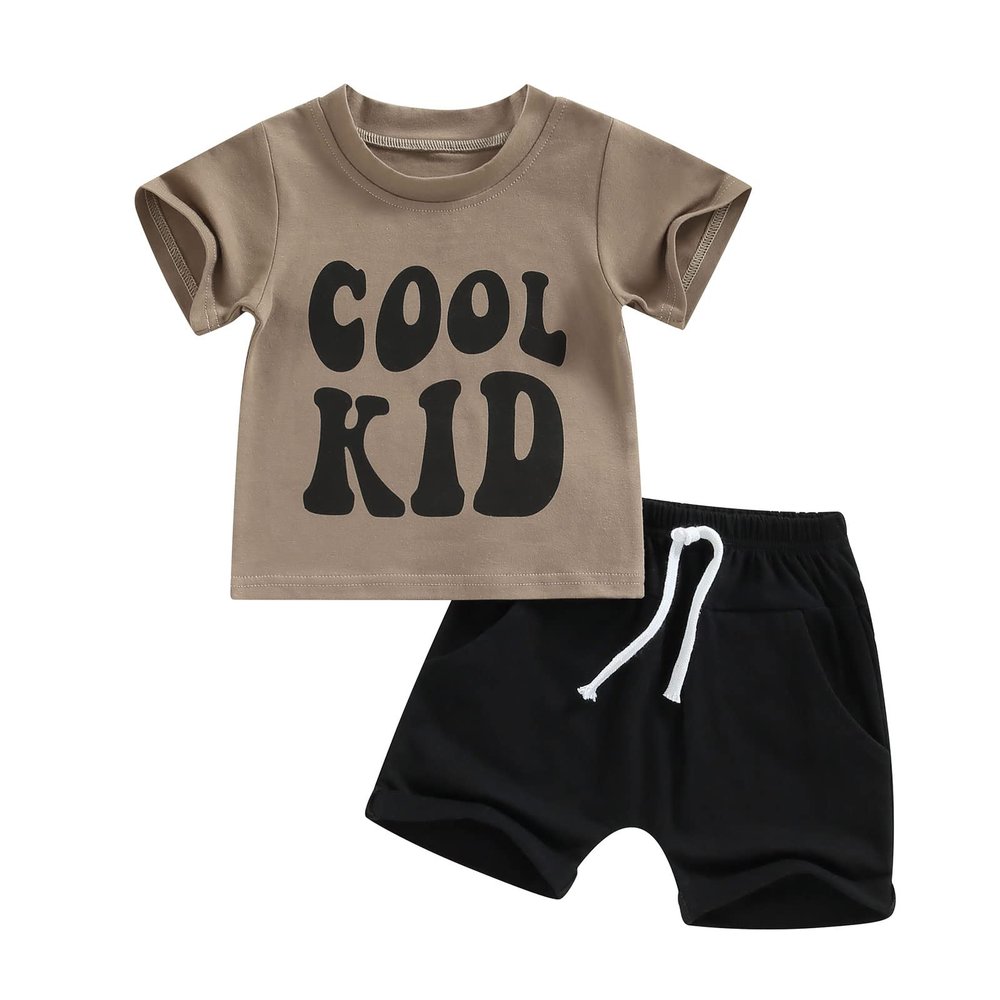 GOOCHEER Toddler Boys Summer Outfit Sets Short Sleeve Letter Print Tops + Solid Color Drawstring Shorts (Coffee, 0-6 Months)