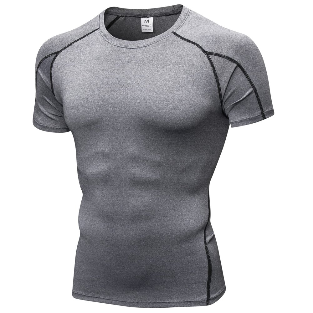 Grey Compression Shirts Men Short Sleeve Workout Gym T-Shirt Running Tops Cool Dry Sports Base Layer Undershirts