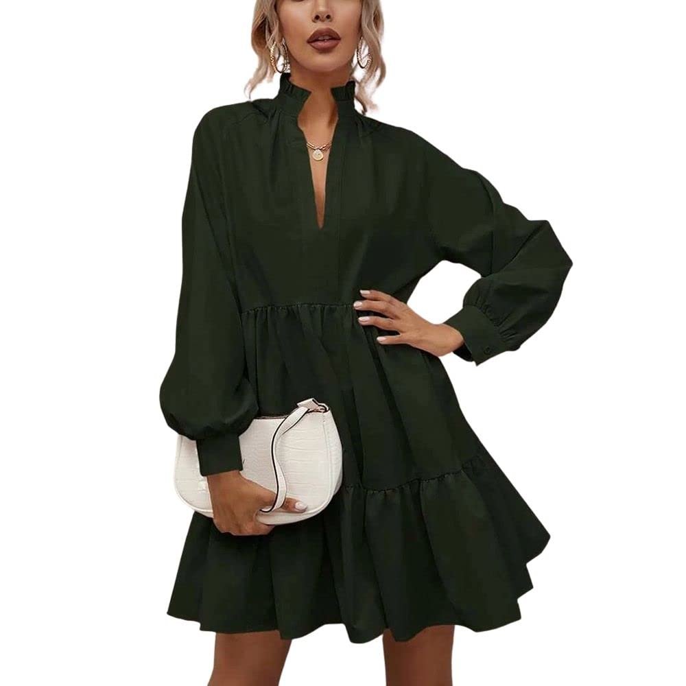 ebossy Women's Ruffled Collar Pleated Lantern Sleeve Mid Dress V-Neck Neck Flowy A Line Short Dress (L,Deepgreen)