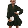 ebossy Women's Ruffled Collar Pleated Lantern Sleeve Mid Dress V-Neck Neck Flowy A Line Short Dress (L,Deepgreen) view 1