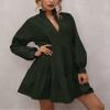 ebossy Women's Ruffled Collar Pleated Lantern Sleeve Mid Dress V-Neck Neck Flowy A Line Short Dress (L,Deepgreen) view 2