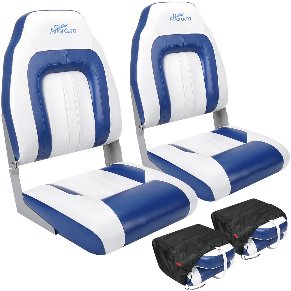 Affordura Boat Seat for Boats with 2 Storage Bags High Back Folding Boat Seat Boat Fold Down Seat (2 Packs), Blue and White