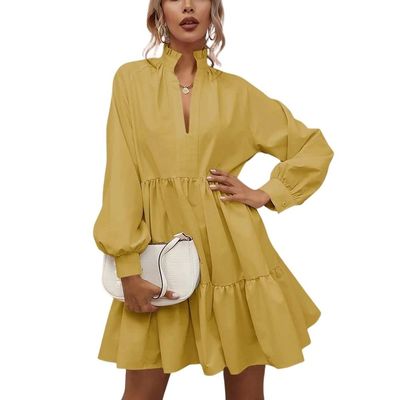 ebossy Women's Ruffled Collar Pleated Lantern Sleeve Mid Dress V-Neck Neck Flowy A Line Short Dress (L,Yellow)