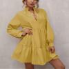 ebossy Women's Ruffled Collar Pleated Lantern Sleeve Mid Dress V-Neck Neck Flowy A Line Short Dress (L,Yellow) view 2