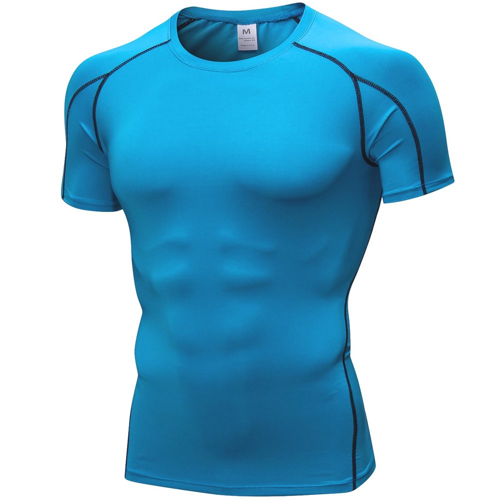 Blue Compression Shirts Men Short Sleeve Workout Gym T-Shirt Running Tops Cool Dry Sports Base Layer Undershirts