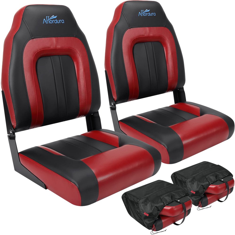 Affordura Boat Seat for Boats with 2 Storage Bags High Back Folding Boat Seat Boat Fold Down Seat (2 Packs), Black and Red