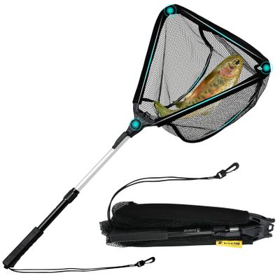 Black Paw Floating Fishing Net Foldable Fish Landing Net with Built in Length Scale Rubber Coated with Neoprene Foam - Black (Telescopic Pole)