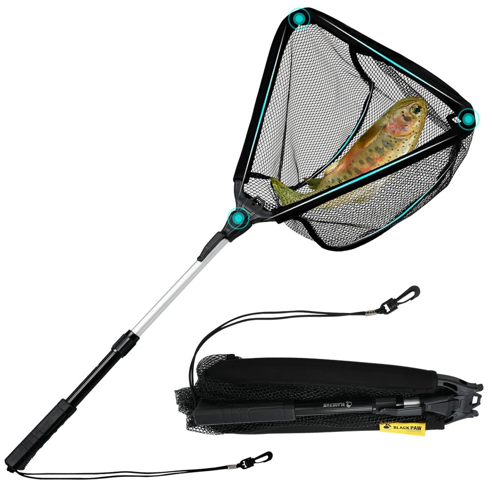 Black Paw Floating Fishing Net Foldable Fish Landing Net with Built in Length Scale Rubber Coated with Neoprene Foam - Black (Telescopic Pole)