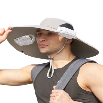 Mens Sun Hats with 2 Solar Fan, UV Protection Wide Brim Hat with Fan Cooling Fisherman Hat Hiking Hat Fishing Hats Air Conditioning Hat,Silver gray,One Size