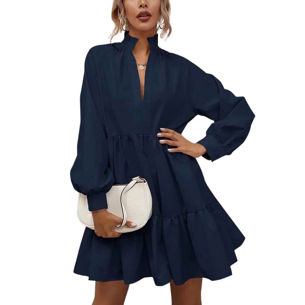 ebossy Women's Ruffled Collar Pleated Lantern Sleeve Mid Dress V-Neck Neck Flowy A Line Short Dress (M,Navyblue)