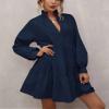ebossy Women's Ruffled Collar Pleated Lantern Sleeve Mid Dress V-Neck Neck Flowy A Line Short Dress (M,Navyblue) view 2