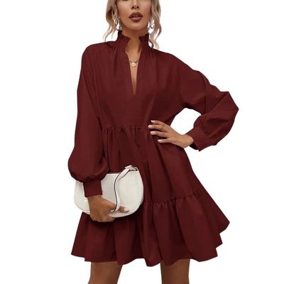 ebossy Women's Ruffled Collar Pleated Lantern Sleeve Mid Dress V-Neck Neck Flowy A Line Short Dress (L,Red)