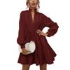 ebossy Women's Ruffled Collar Pleated Lantern Sleeve Mid Dress V-Neck Neck Flowy A Line Short Dress (L,Red) view 1