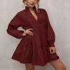 ebossy Women's Ruffled Collar Pleated Lantern Sleeve Mid Dress V-Neck Neck Flowy A Line Short Dress (L,Red) view 2