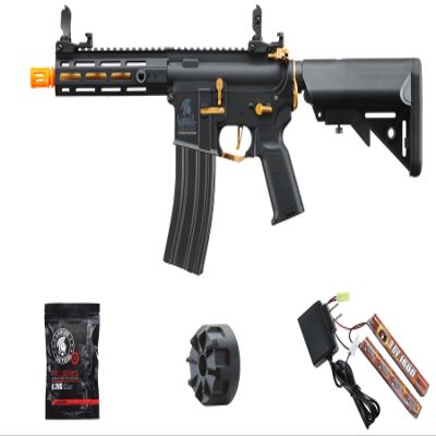 Lancer Tactical Gen 2 Hellion MLOCK 7" Airsoft M4 AEG Rifles w/Battery & Charger (Color: Black & Gold)
