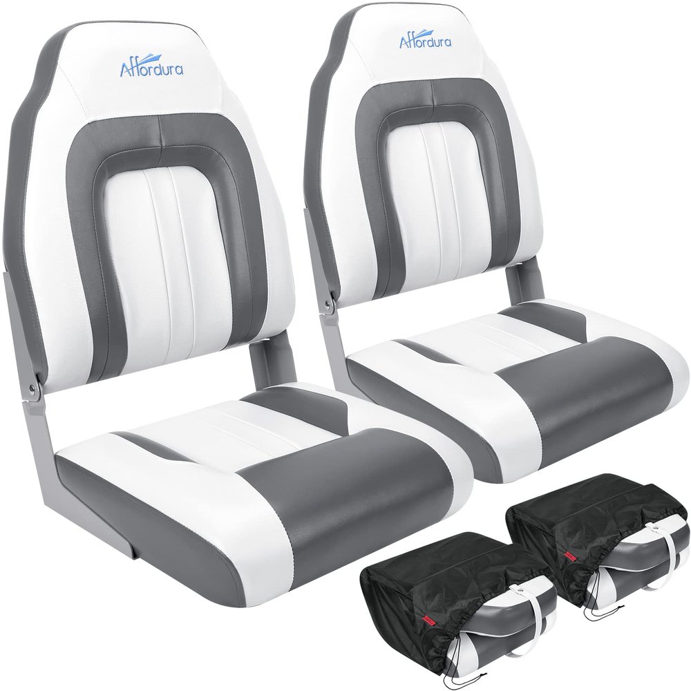Affordura Boat Seat for Boats with 2 Storage Bags High Back Folding Boat Seat Boat Fold Down Seat (2 Packs) (White&Charcoal)