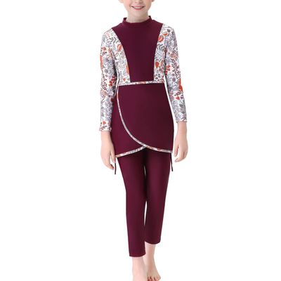 Muslim Swimsuits for Girls Kids Modest Swimwear Islamic Long Sleeve Burkini Swimsuits Full Cover Hijab Swimming Cap + Floral Print Tops + Pants Tankini Set Bathing Suits Wine Red 2-3 Years