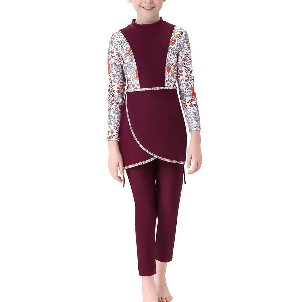 Muslim Swimsuits for Girls Kids Modest Swimwear Islamic Long Sleeve Burkini Swimsuits Full Cover Hijab Swimming Cap + Floral Print Tops + Pants Tankini Set Bathing Suits Wine Red 2-3 Years