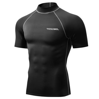 Tesuwel Rash Guard for Men Short Sleeve UPF 50+ Mens Swim Shirts UV Protection Mens Water Shirts for Swimming Surfing Compression Shirts Quick Dry High Wicking Anti Chafe 222 Black Grey S