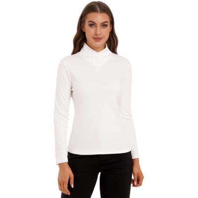 Loloda Women's Mock Neck Base Layer Top Long Sleeve Shirts Slim Fit Casual Pullovers Thermal Underwear Tops White Medium