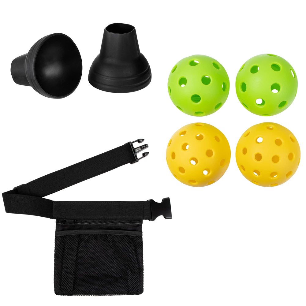 Pickleball Accessories Bundle with 2 Indoor, 2 Outdoor Balls, 2 Picker Upper Ball Retrievers, and 1 Pickle Ball Mesh Waist Hip Bag Carrier - Pickleball Accessory Set for Men, Women