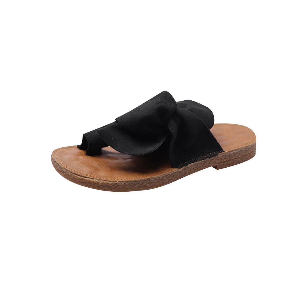 oiangi Women Summer Sandals 2023 Fashion Suede Bow Toe Ring Clip Toe Flat Slipper Lightweight Comfortable Outdoor Beach Travel Shoes Sandalias para Mujer Black