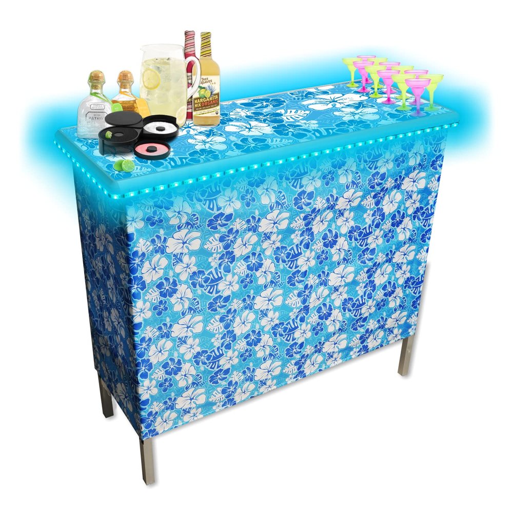 Folding Portable Party Bar w/Patented Multi-Color LED Lights, Hawaiian Graphic, Hawaiian Skirt, and Storage Shelf