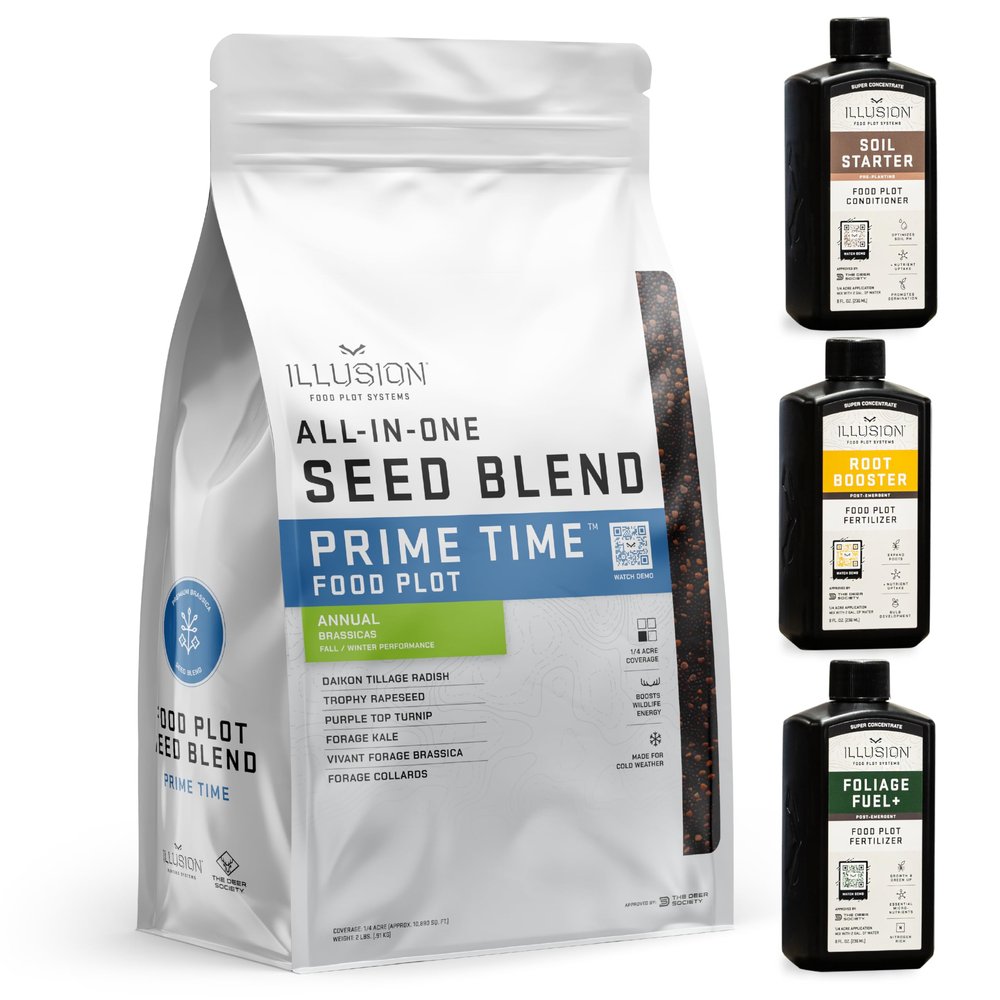 All-in-One Food Plot Seed + Fertilizer for Deer - 1/4 Acre Coverage - Annual Blend - Protein and Micronutrients for Wildlife - 6 Brassica Varieties - Illusion Systems (Prime Time)