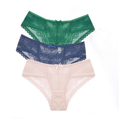 3 pcs/lot Lace Panties Women Sexy Lingerie Transparente Briefs Ultra Thin Soft Underwear S to XXL (Color : Greenbluepink, Size : Large)