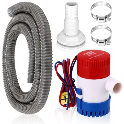 Lounsweer 5 Pcs Bilge Pump Plumbing Kit Including Electric 12v Boat Bilge Water Pump PVC 2 Hose Clamps ThruHull Fitting, 1-1/8-inch(1100gph,Grey)