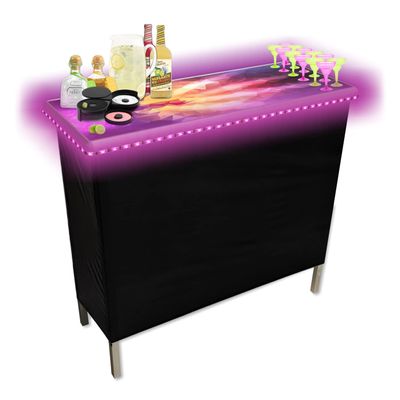 Folding Portable Party Bar w/Patented Multi-Color LED Lights, Prism Graphic, Black Skirt, and Storage Shelf