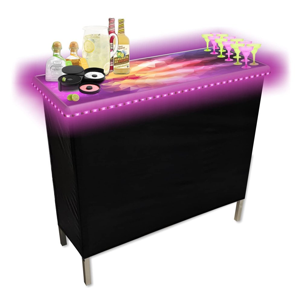 Folding Portable Party Bar w/Patented Multi-Color LED Lights, Prism Graphic, Black Skirt, and Storage Shelf