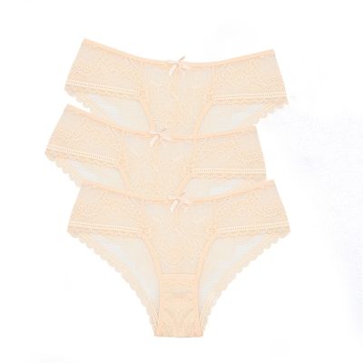3 pcs/lot Lace Panties Women Sexy Lingerie Transparente Briefs Ultra Thin Soft Underwear S to XXL (Color : Beige, Size : XX-Large)
