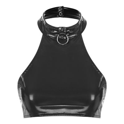 Shinsto Women's Glossy PVC Leather Halter Neck Sleeveless O Neck Vest Crop Top Streetwear Tops Black XX-Large