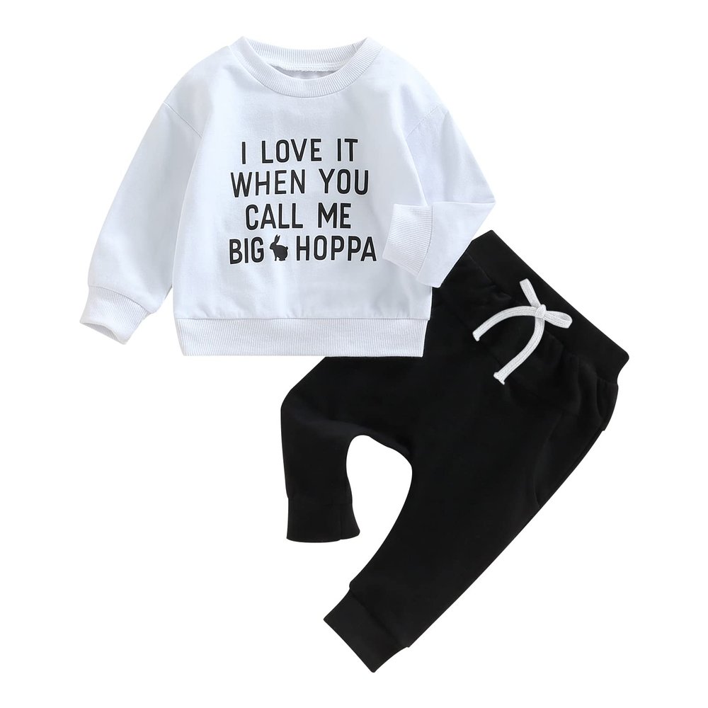 Infant Toddler Baby Boy Easter Outfits Long Sleeve Shirts Waffle Sweatshirt with Bunny Pants 2Pcs Spring Outfits (Bunny White Black, 12-18 Months)