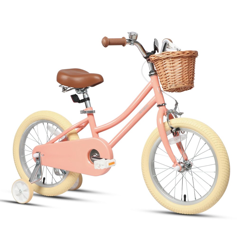 Petimini 16 Inch Little Kids Bike for Age 4 5 6 7 Years Old Girls Retro Vintage Style Bicycles with Basket Training Wheels and Bell, Peach